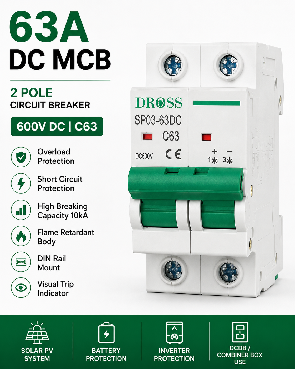 DROSS DC MCB 63A 2 Pole 600V – Solar DC Circuit Breaker