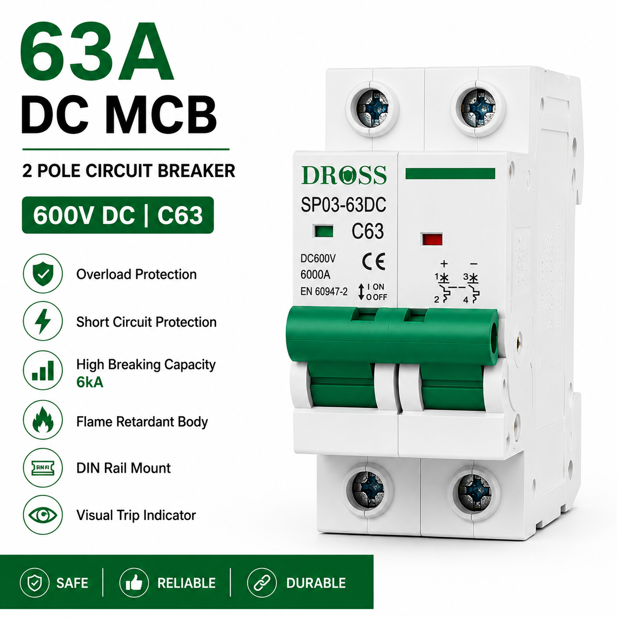 DROSS DC MCB 63A 2 Pole 600V – Solar DC Circuit Breaker