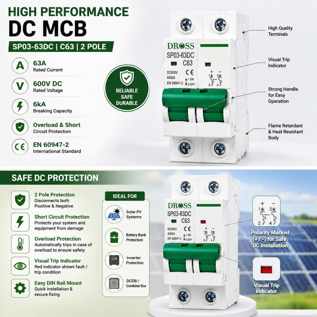 DROSS DC MCB 63A 2 Pole 600V – Solar DC Circuit Breaker