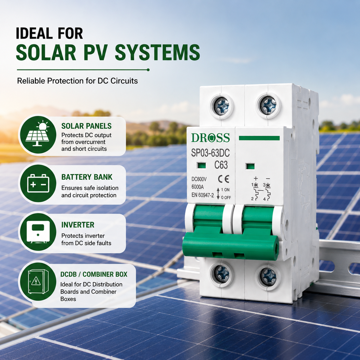 DROSS DC MCB 63A 2 Pole 600V – Solar DC Circuit Breaker