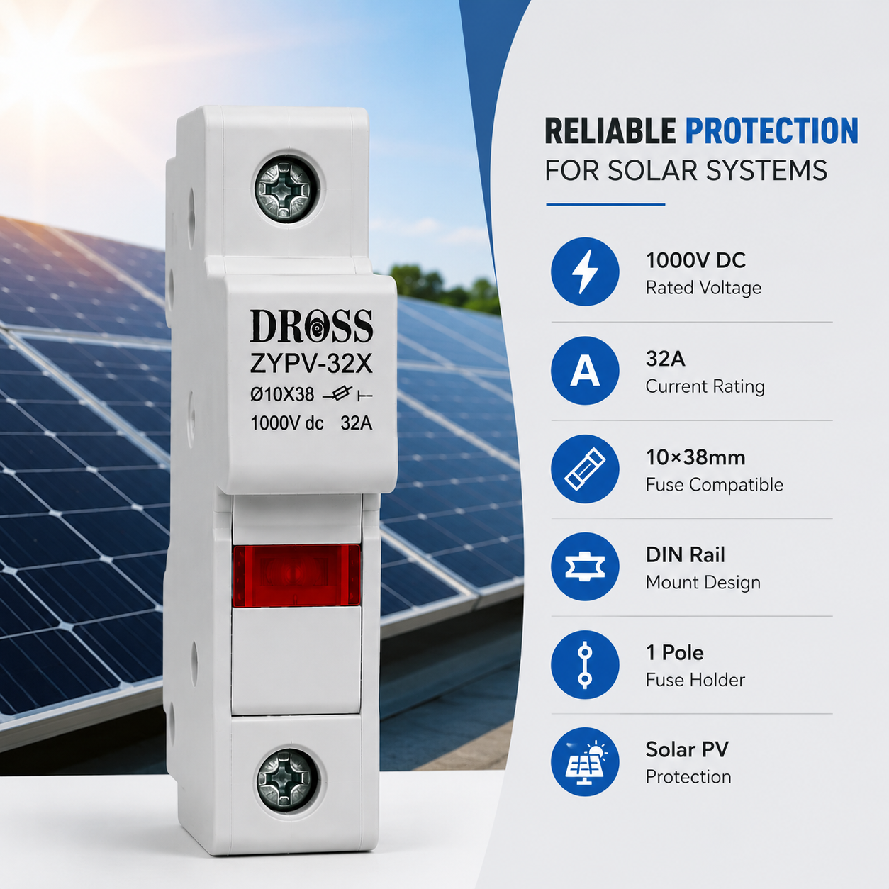 DROSS ZYPV-32X Solar PV Fuse Holder 32A 1000V DC – 10×38mm DIN Rail