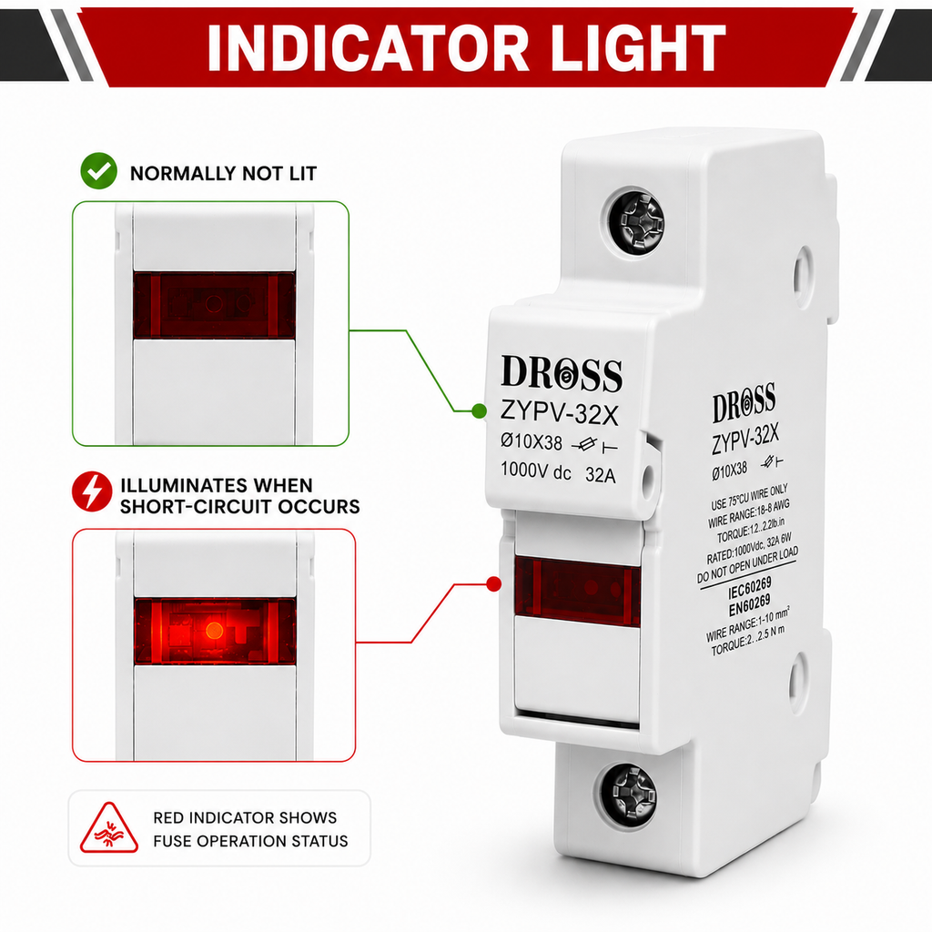 DROSS ZYPV-32X Solar PV Fuse Holder 32A 1000V DC – 10×38mm DIN Rail