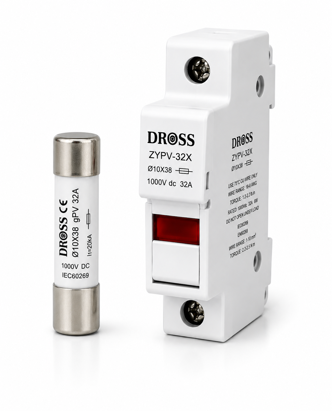 DROSS ZYPV-32X Solar PV Fuse Holder 32A 1000V DC – 10×38mm DIN Rail
