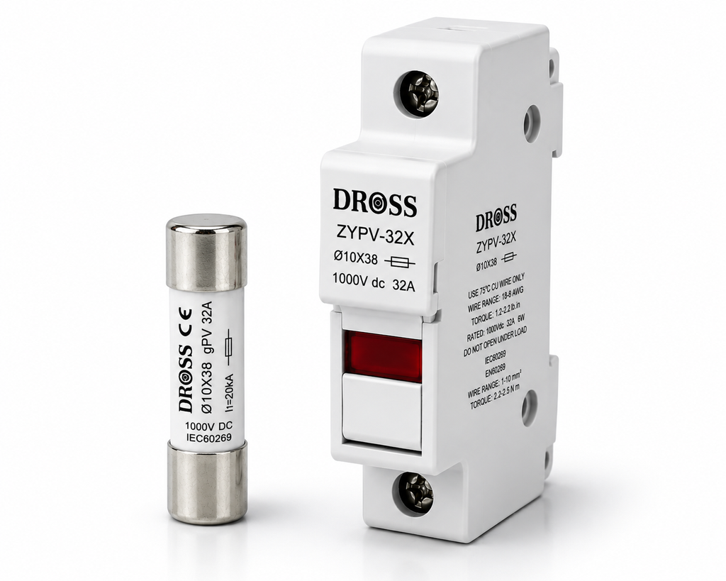 DROSS ZYPV-32X Solar PV Fuse Holder 32A 1000V DC – 10×38mm DIN Rail