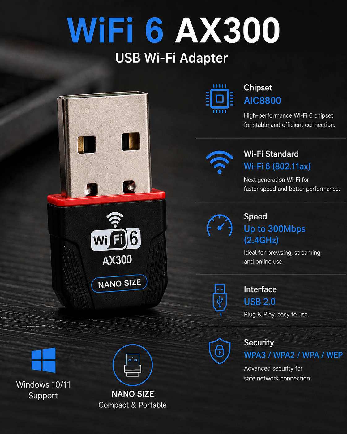 DROSS AX300 WiFi 6 USB Adapter – 300Mbps Wireless Adapter for PC & Laptop