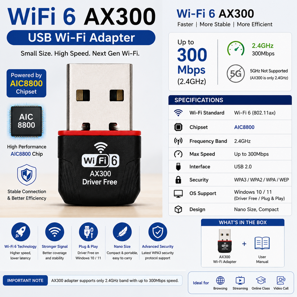 DROSS AX300 WiFi 6 USB Adapter – 300Mbps Wireless Adapter for PC & Laptop