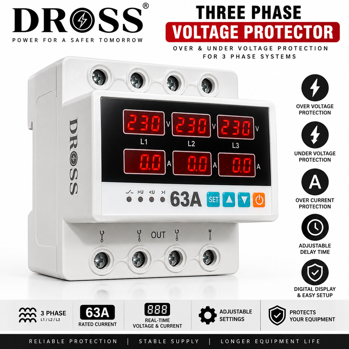 DROSS 63A Three Phase Digital Voltage Protector with Over & Under Voltage Protection