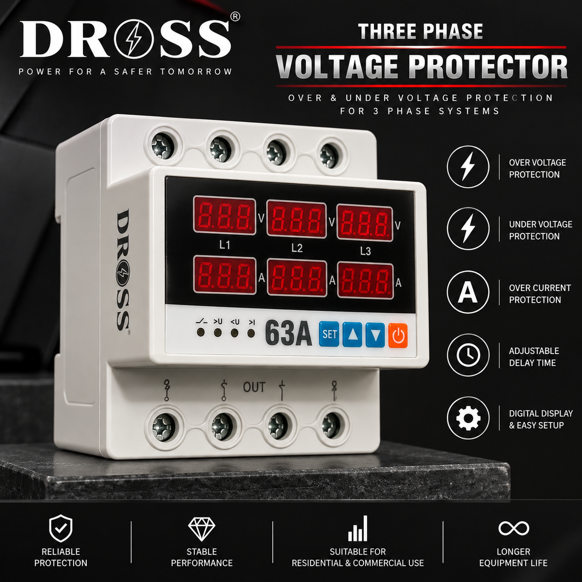 DROSS 63A Three Phase Digital Voltage Protector with Over & Under Voltage Protection