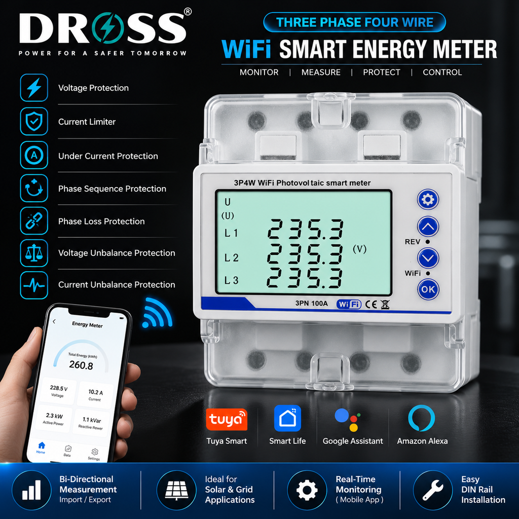 DROSS 100A 3 Phase 4 Wire WiFi Smart Energy Meter & Voltage Protector