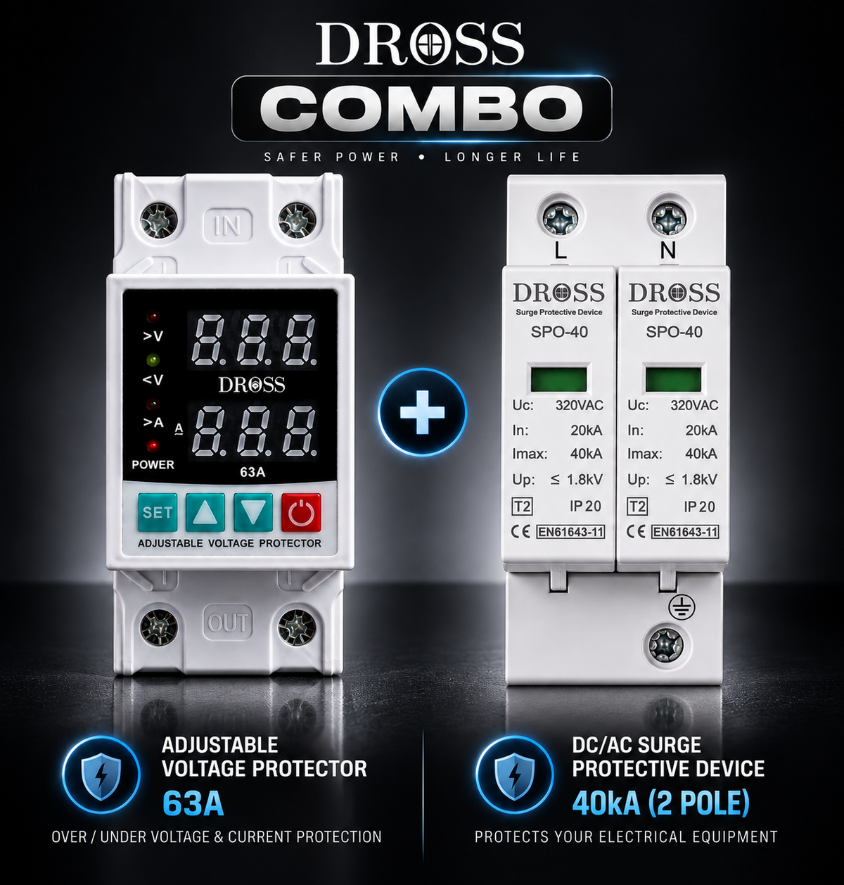 DROSS Home Protection Combo: 63A Voltage Protector + AC Surge Protector