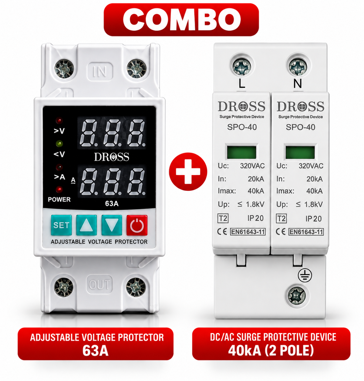 DROSS Home Protection Combo: 63A Voltage Protector + AC Surge Protector