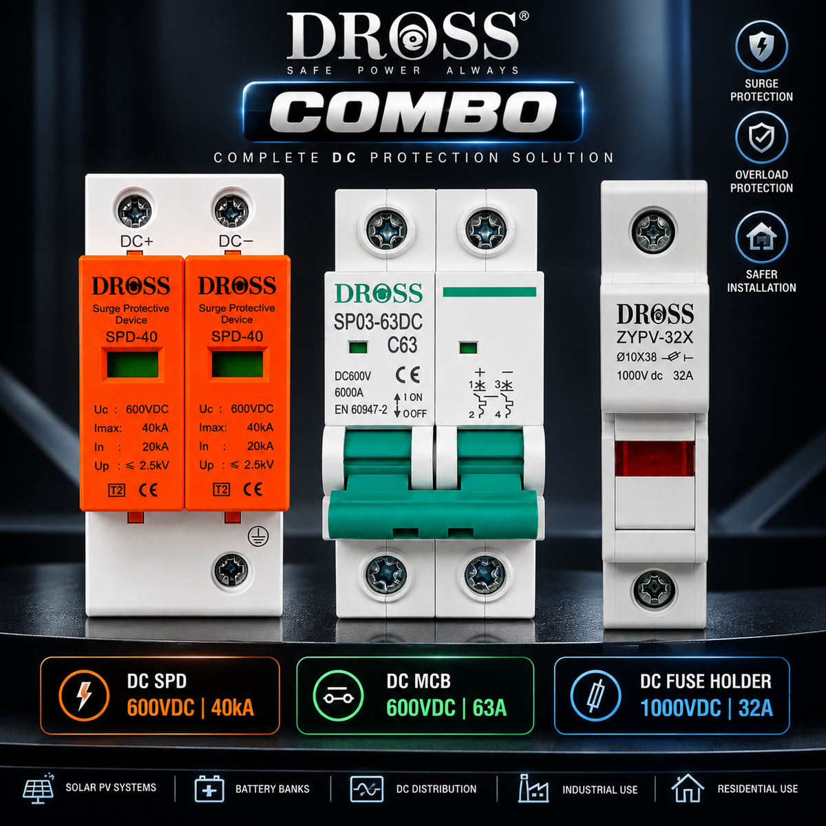 DROSS Solar Protection Combo: DC SPD + DC MCB + Fuse Holder