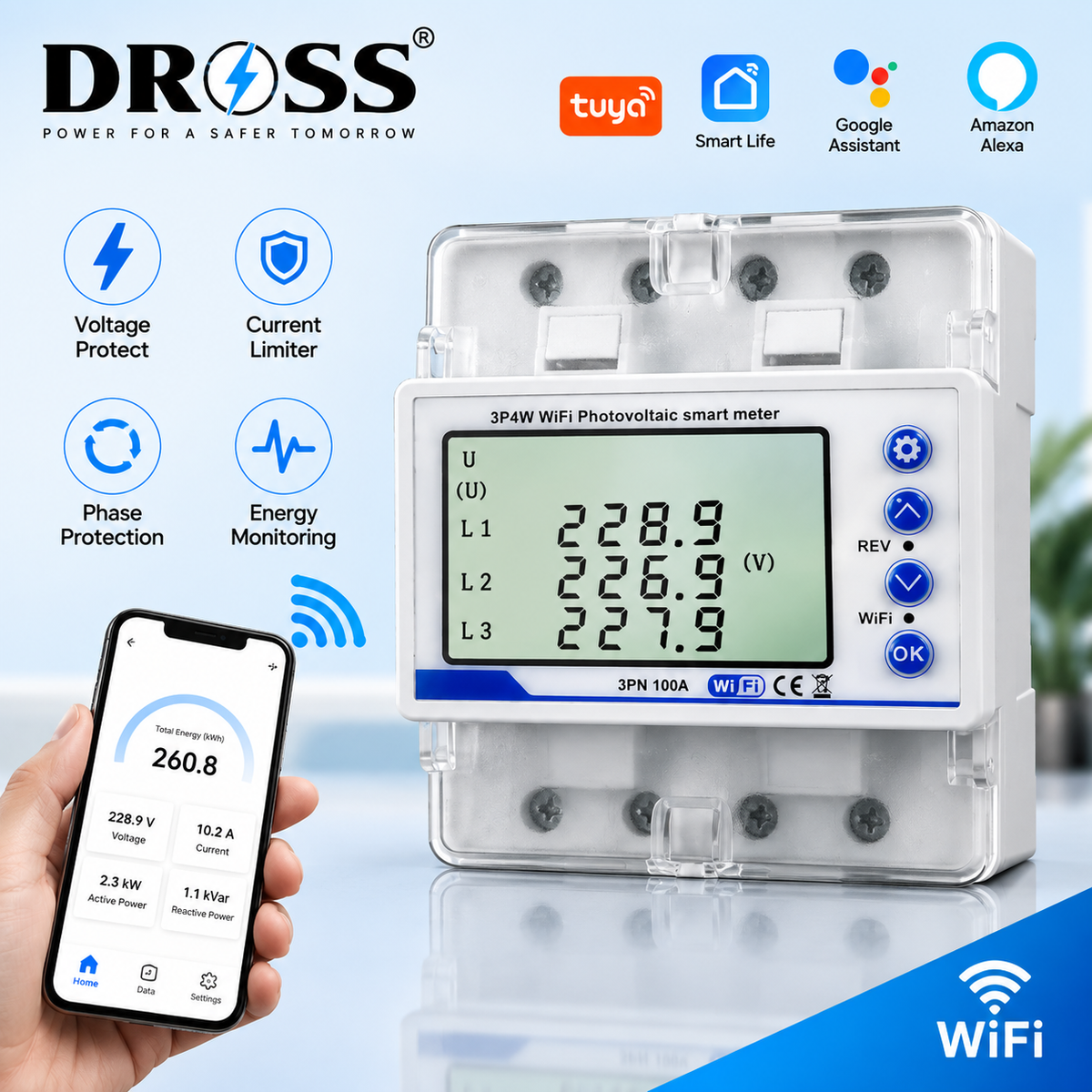 DROSS 100A 3 Phase 4 Wire WiFi Smart Energy Meter & Voltage Protector