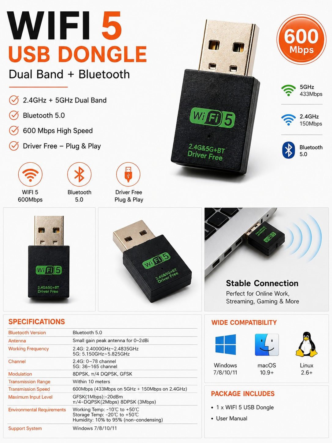 DROSS AC600 Dual Band WiFi USB Adapter – 2.4GHz & 5GHz Wireless Adapter