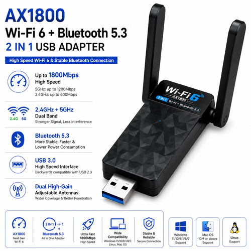 DROSS AX1800 WiFi 6 USB Adapter with Bluetooth 5.3 – Dual Band 2-in-1 Adapter