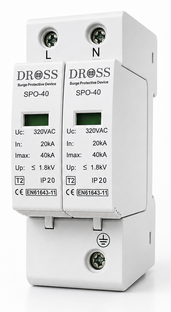 Two white DROSS SPO-40 surge protective devices shown side by side on a clean white background.